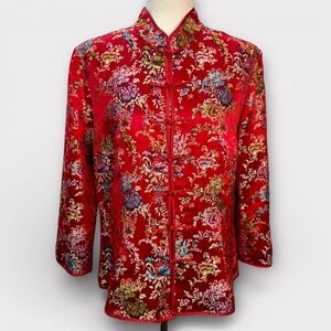 Red Floral Brocade Tang Jacket Silk Blend Mandarin Collar Frog Closure H&M US 14